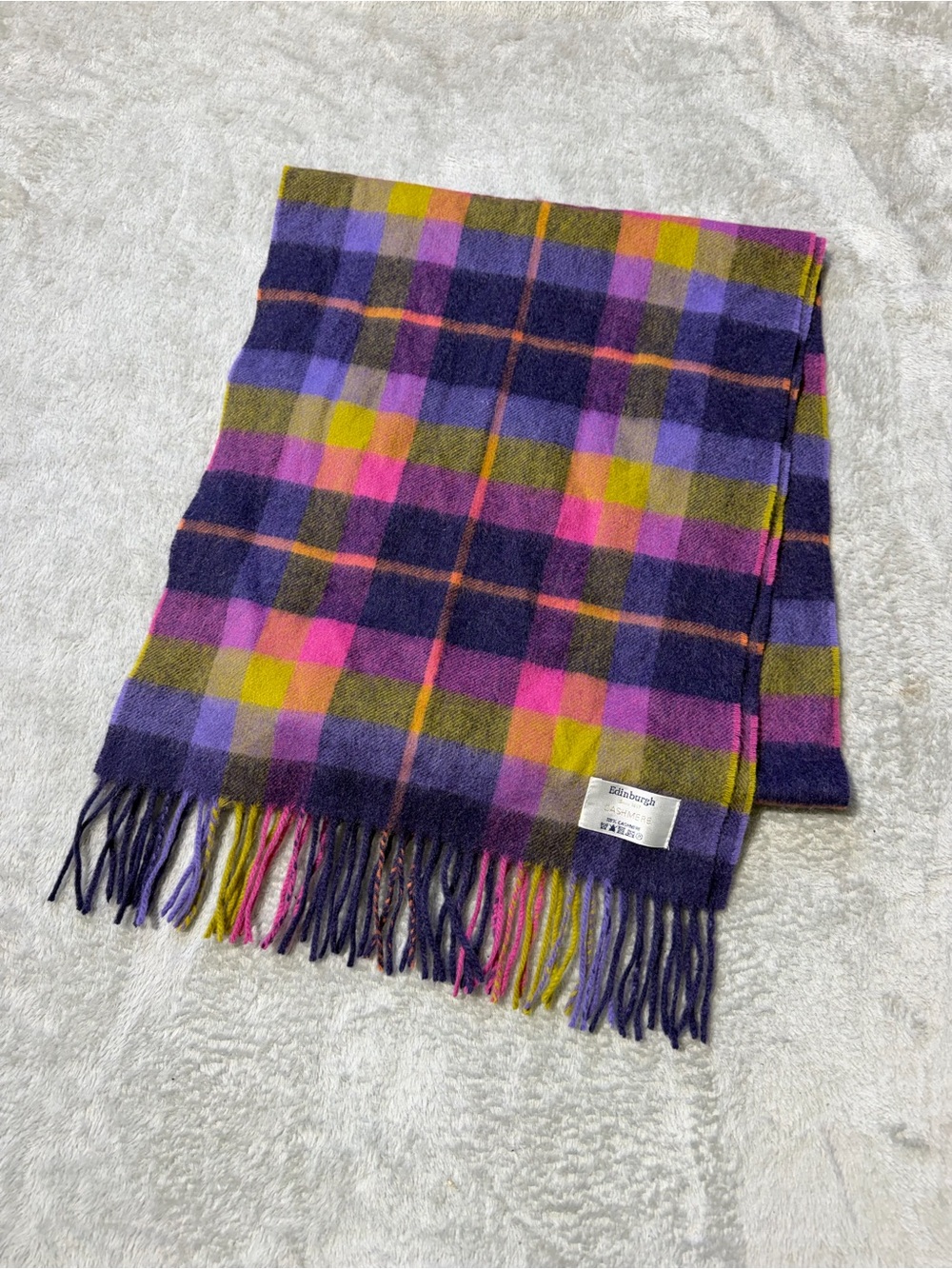 Checked Wool Scarf with Fringe in Purple, Pink & Olive - Johnstons of Elgin
